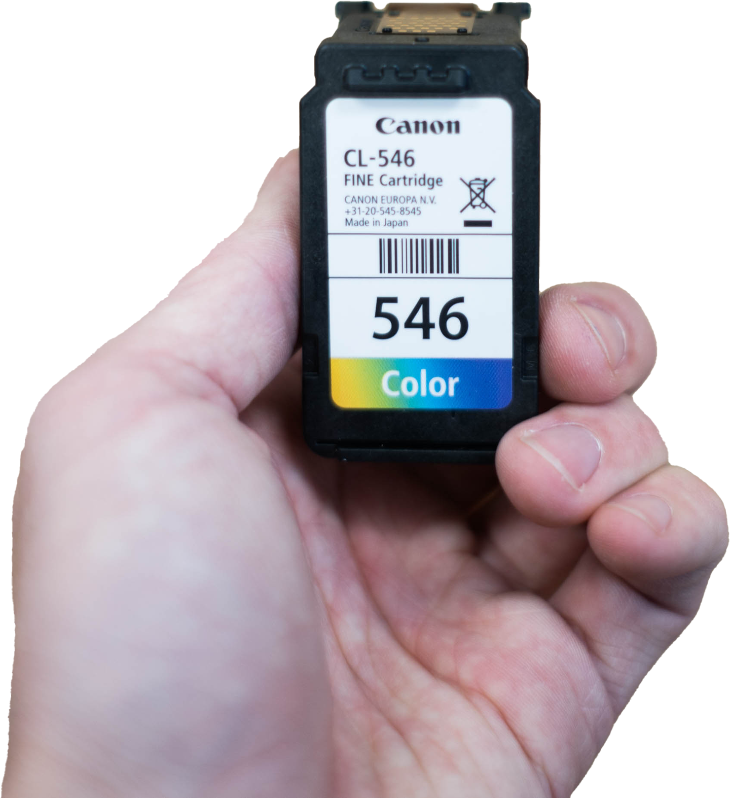 Silhouetted hand holding an ink jet printer cartridge